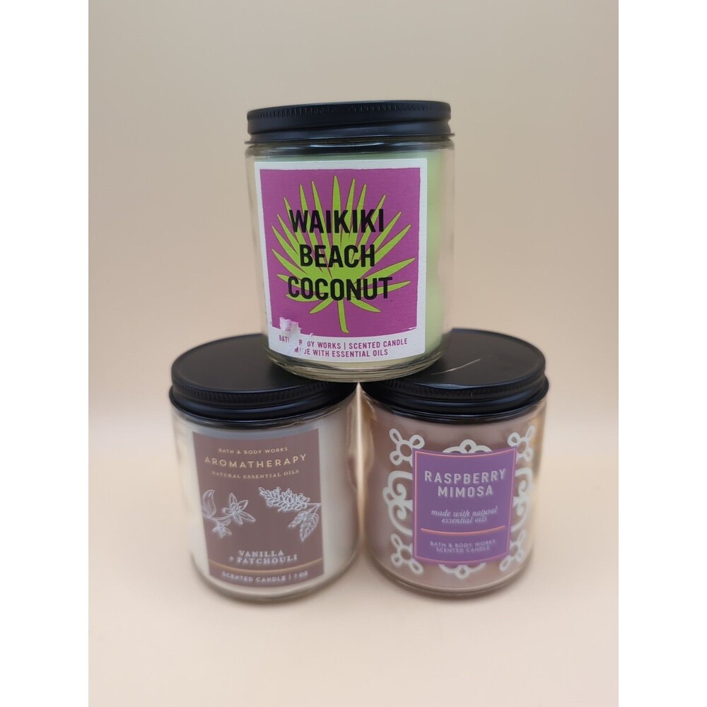 Bath & Body Works lot of 3 Candles 7oz Waikiki Beach Coconut, Raspberry Mimosa